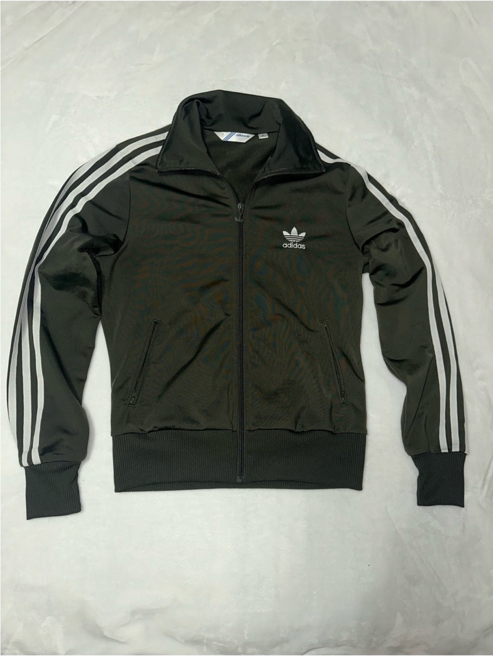 Women’s Adidas Vintage Track Jacket with White Stripes Deep Olive Green